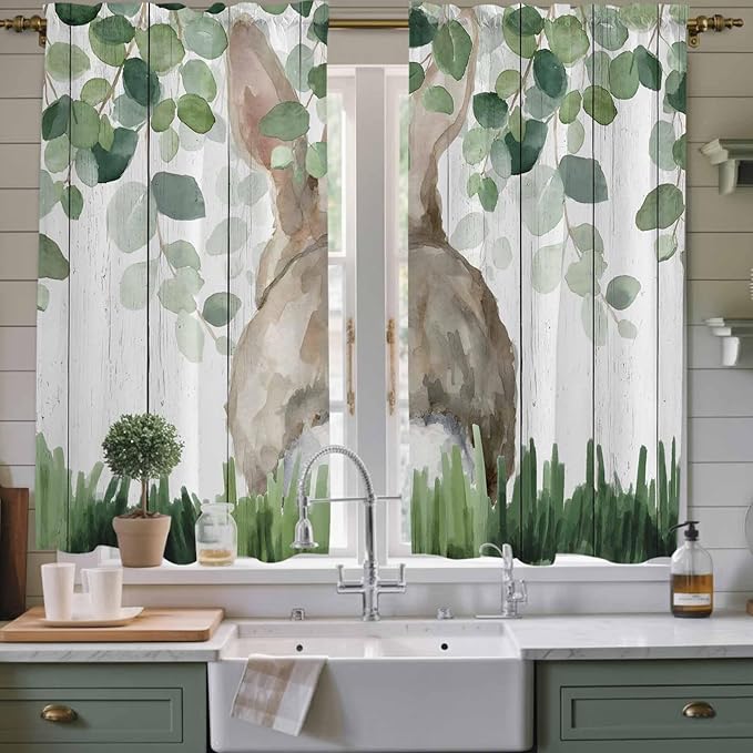 Easter Kitchen Curtains, Country Rabbit Botanical Leaves Wooden Grain Light - Image 2