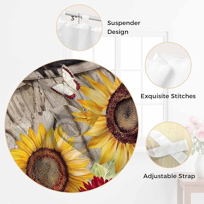 Sunflowers Bathroom Curtains 63 Inch Length, Window Curtains Tab Top, Retro - Image 6