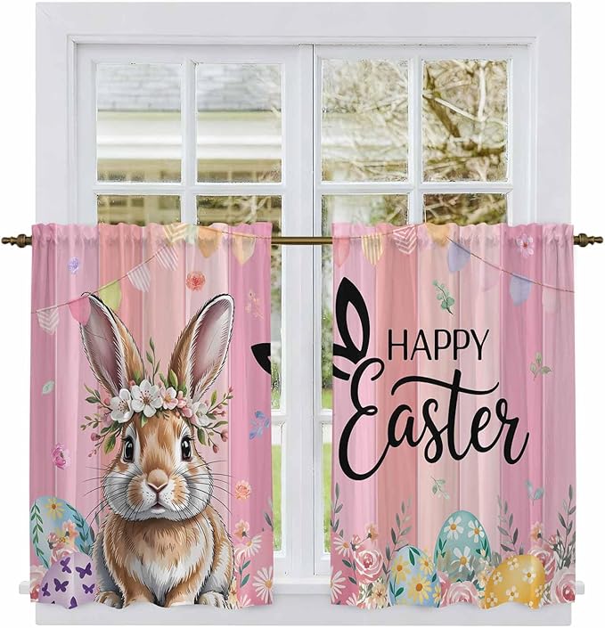 Easter Tier Curtains, Spring Rabbit Eggs Flowers Flags Leaves Wood Grain Light by Unknown