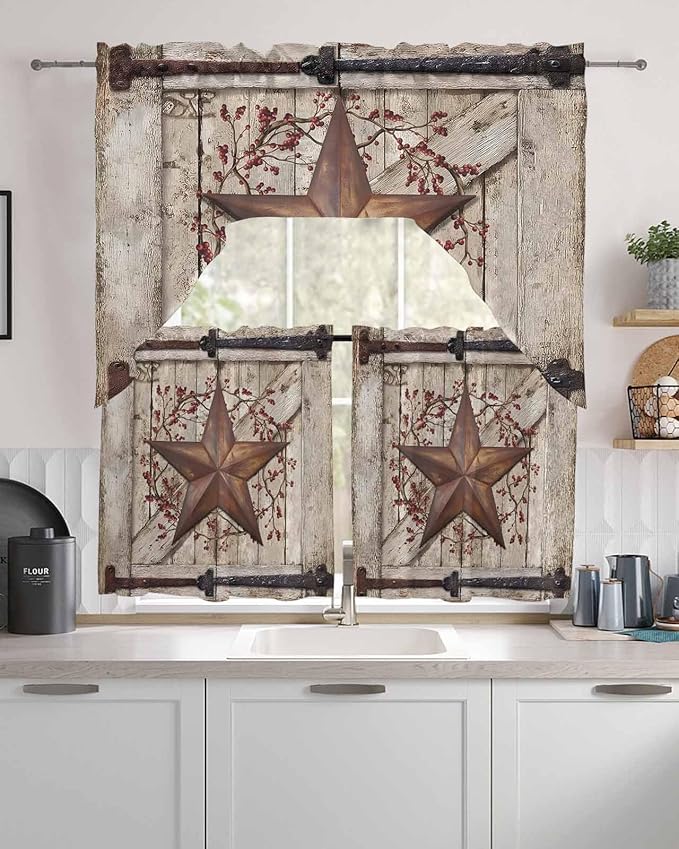 Country Star Swag Kitchen Curtains Valance and Tier Set, VintageRust Yellow - Image 2
