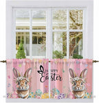 Easter Tier Curtains, Spring Rabbit Eggs Flowers Flags Leaves Wood Grain Light by Unknown