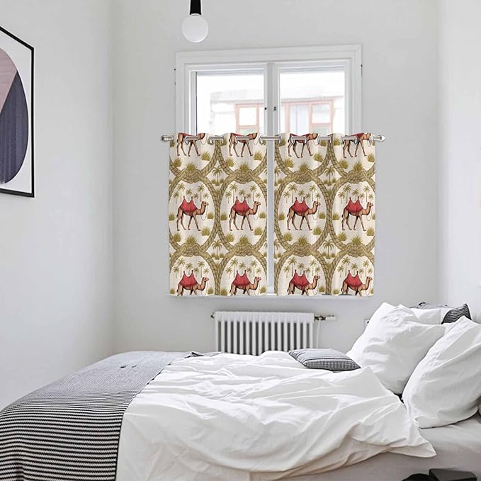 2 Panel Kitchen Cafe Curtains, Camels Palm Trees Sunlight Filtering Nature Air - Image 4