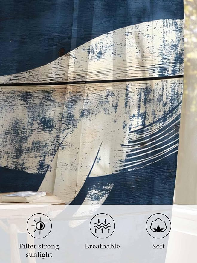 Sheer Curtains 108 Inches Long, Ocean Whale Blue Semi Sheer Curtains Light - Image 6