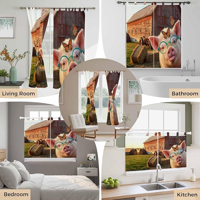 Farm Pig Kitchen Curtains 24 Inch Length, Small Window Curtains Tab Top - Image 7