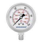 MEASUREMAN Pressure Gauge, 0-1000 PSI/kPa, Glycerin Filled, 1/4 NPT Lower Mount by MEASUREMAN