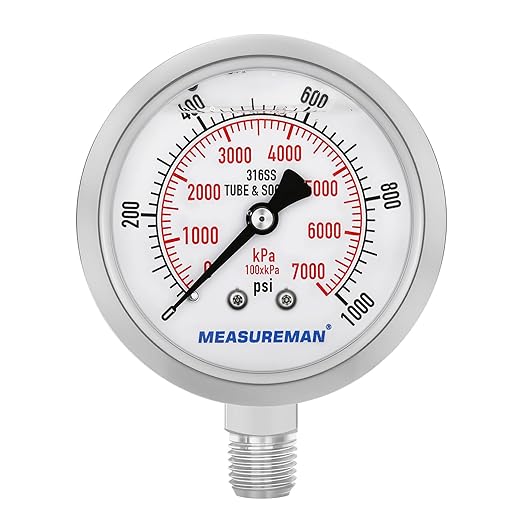 MEASUREMAN Pressure Gauge, 0-1000 PSI/kPa, Glycerin Filled, 1/4 NPT Lower Mount by MEASUREMAN