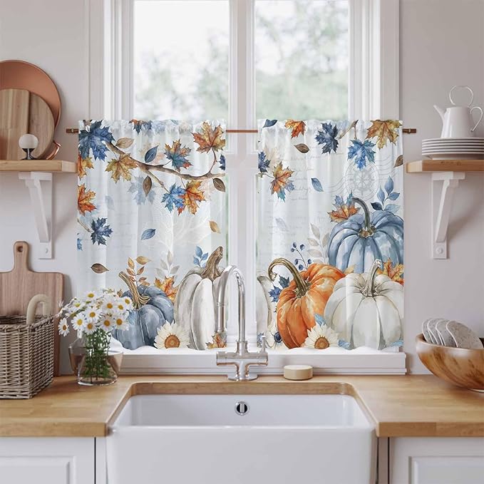 Fall Blue Maple Kitchen Curtains 45 Inch Long 2 Panel Set, Rod Pocket Window by Unknown