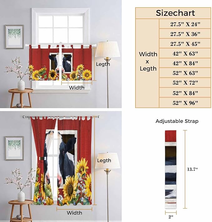 Cow Sunflowers Bedroom Curtains 72 Inch Length, Window Curtains Tab Top - Image 8