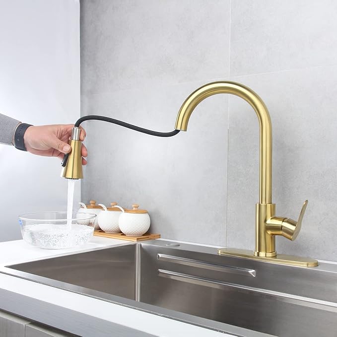 Gold Kitchen Faucet with Pull Down Sprayer Modern Stainless Steel High Arc - Image 2