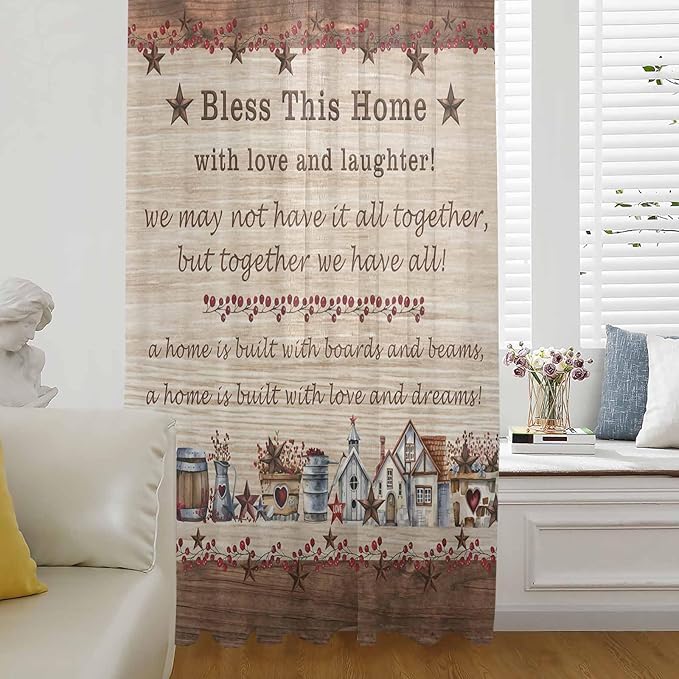 Farmhouse Sheer Curtains 108 Inch Length Brown Country Star Berry Vintage Wood by Unknown