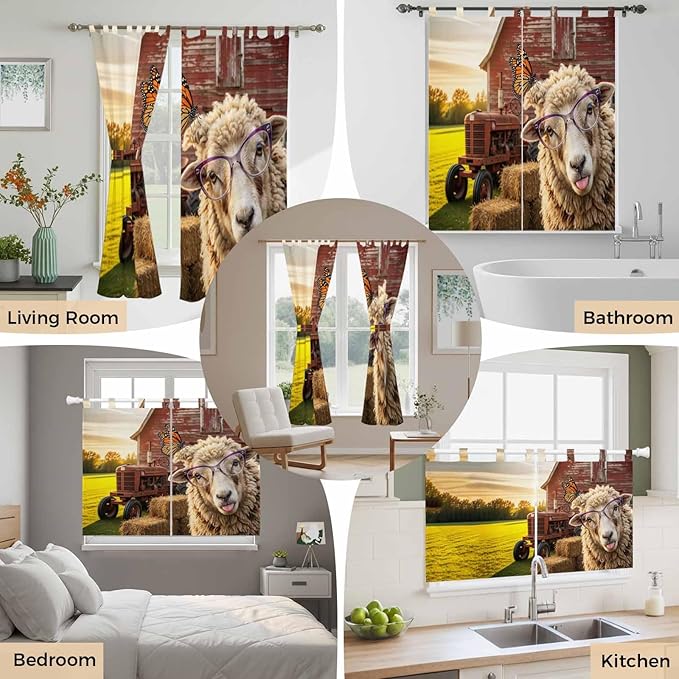 Farm Sheep Kitchen Curtains 45 Inch Length, Short Cafe Window Curtains Tab Top - Image 7