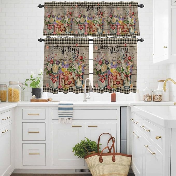 Kitchen Curtains Tiers and Valance Set of 3, Spring Flowers Light Filtering - Image 3