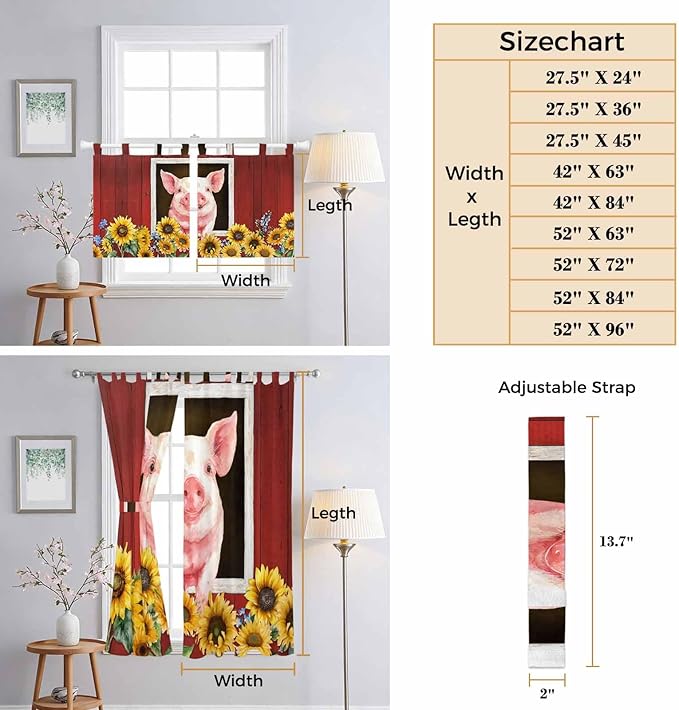 Pigs Sunflowers Kitchen Curtains 36 Inch Length, Small Window Curtains Tab Top - Image 8