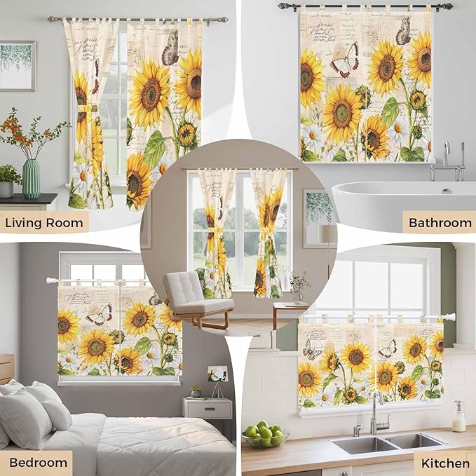 Yellow Sunflowers Kitchen Curtains 45 Inch Length, Short Cafe Window Curtains - Image 7
