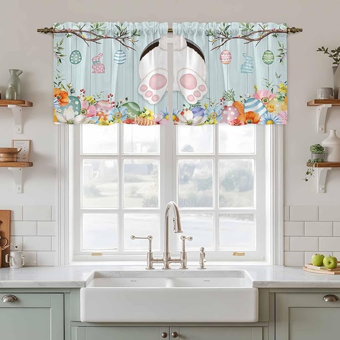 Easter Bunny Kitchen Tier Curtains 24 Inch Long 2 Panel Set, Rod Pocket Cafe - Image 3