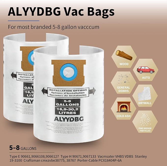 10 Pack Shop Vac 5-8 Gallon Filter Bags, ALYYDBG Type E 90661 9066100 9066133 - Image 2