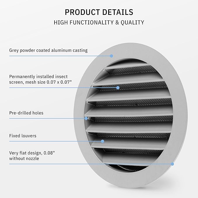 calimaero® WSGG 5" Inch Gray Round Metal Air Vent Grill Cover Flat Louver - Image 4