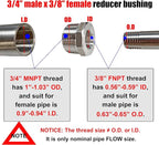 2 Pcs 304 Stainless Steel Reducer Hex Bushing, 3/4" Male NPT to 3/8" Female NPT - Image 2