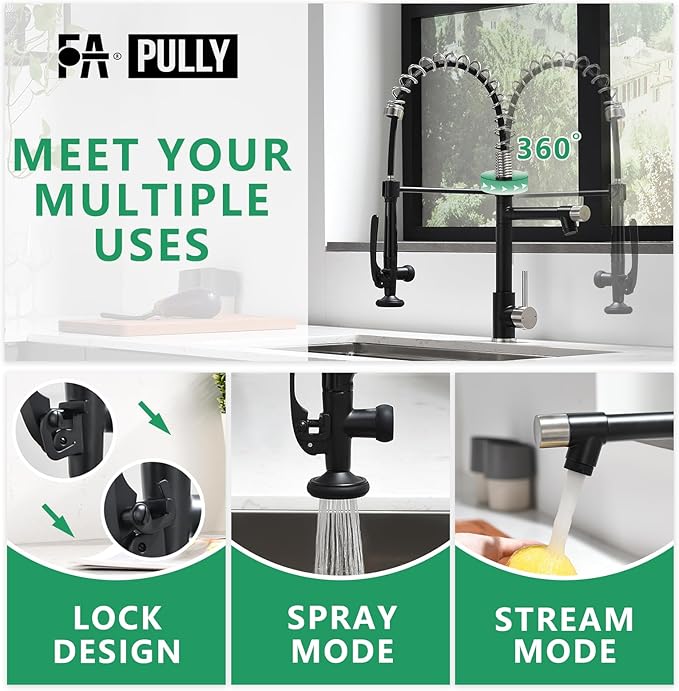Pull Down Kitchen Faucet with Sprayer, Fapully Commercial Matte Black&Brushed - Image 4