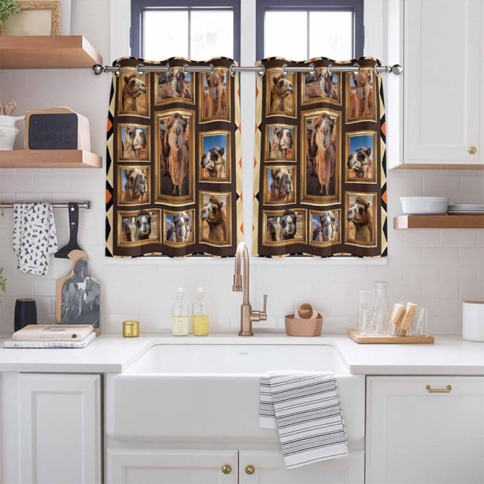 2 Panel Kitchen Cafe Curtains, Wildlife Camels Sunlight Filtering Nature Air - Image 2
