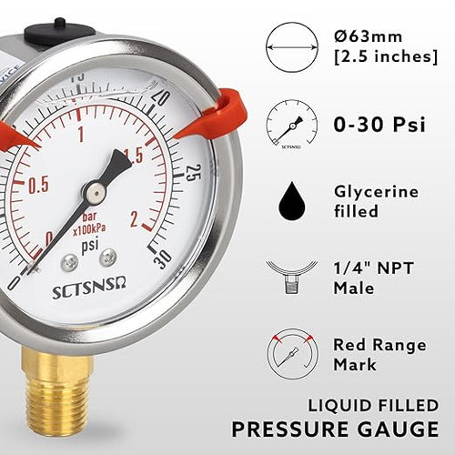 0 to 30 Psi Pressure Gauge, Glycerin Liquid Filled, 2.5 inch Dial, 1/4" NPT - Image 2