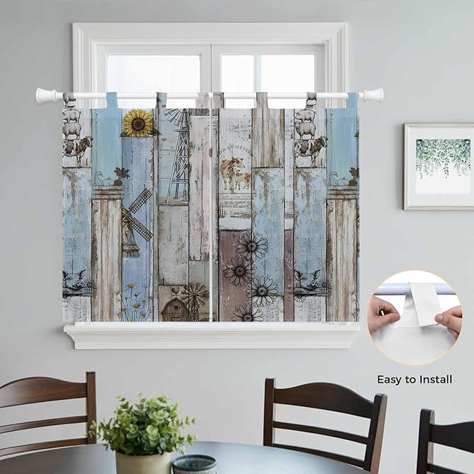 Blue Grey Wooden Kitchen Curtains 45 Inch Length, Short Cafe Window Curtains - Image 4