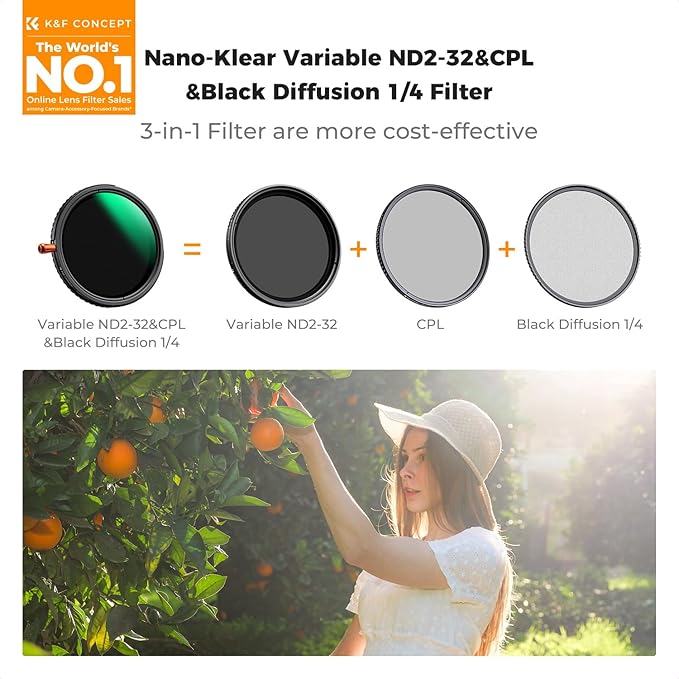 K&F CONCEPT 62mm Black Diffusion Mist Effect 1/4 & Variable ND2-32 & Circular - Image 2