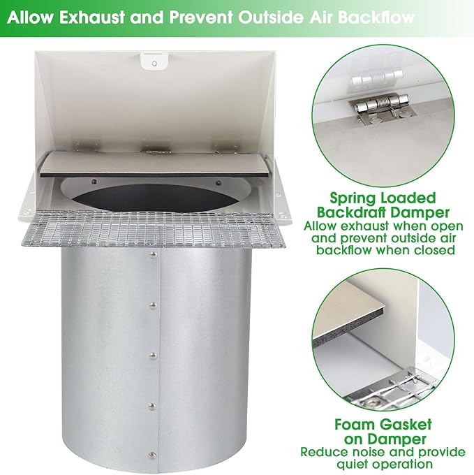 12 Inch Hooded Wall Vent with Screen and Damper, Outdoor Wall Exhaust Cover Cap - Image 5