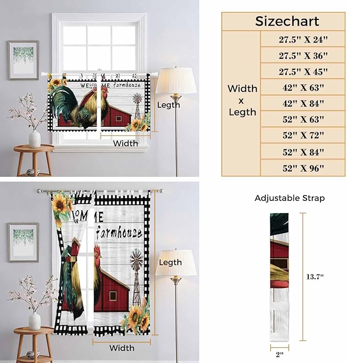Farmhouse Rooster Living Room Curtains 96 Inch Length, Window Curtains Tab Top - Image 8