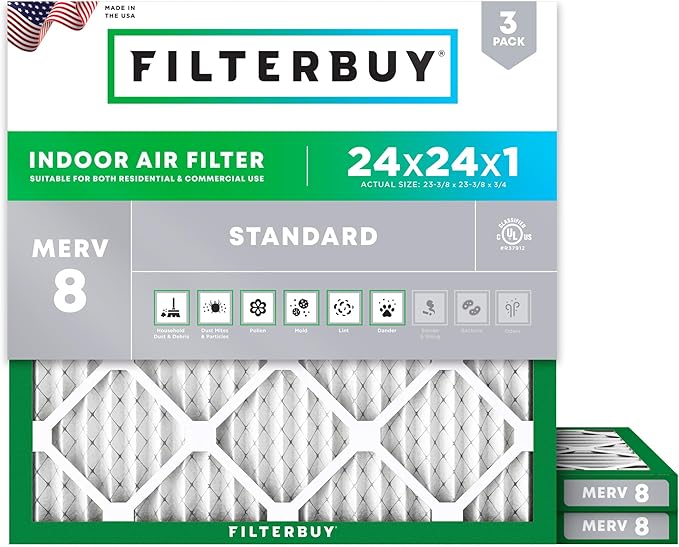 Filterbuy 24x24x1 Air Filter MERV 8 Essential Dust & Allergy Defense, by Filterbuy