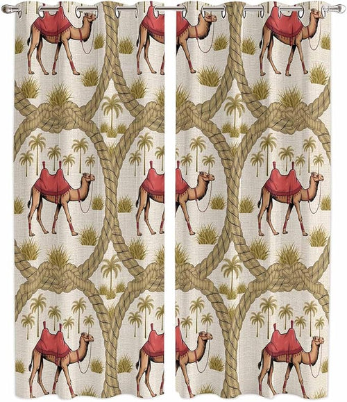 2 Panel Kitchen Cafe Curtains, Camels Palm Trees Sunlight Filtering Nature Air by Hokiten