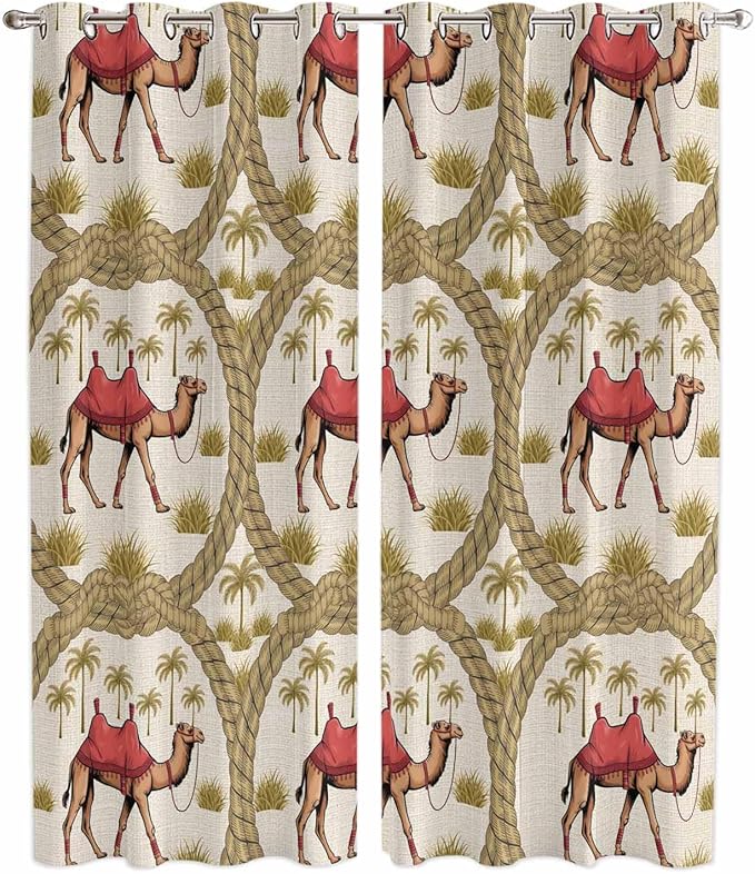 2 Panel Kitchen Cafe Curtains, Camels Palm Trees Sunlight Filtering Nature Air by Hokiten