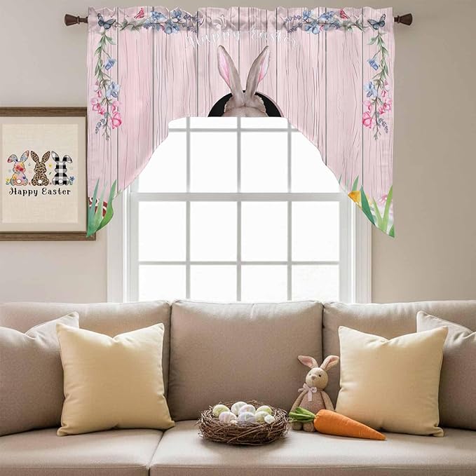 Swag Valance Curtains, Easter Cute Rabbit and Colorful Eggs Rod Pocket Valances - Image 4
