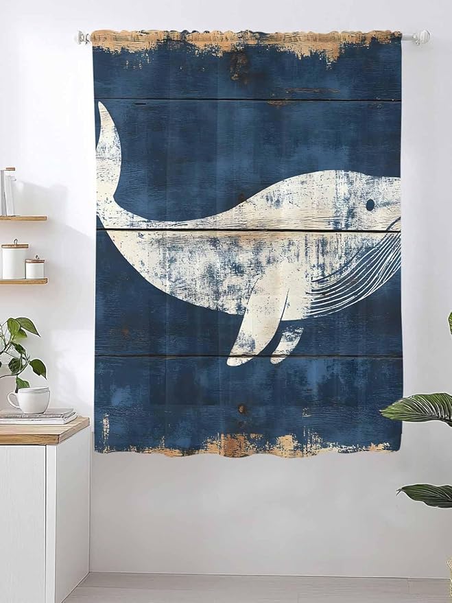 Sheer Curtains 63 Inch Length, Ocean Whale Blue Semi Sheer Curtains Light - Image 2