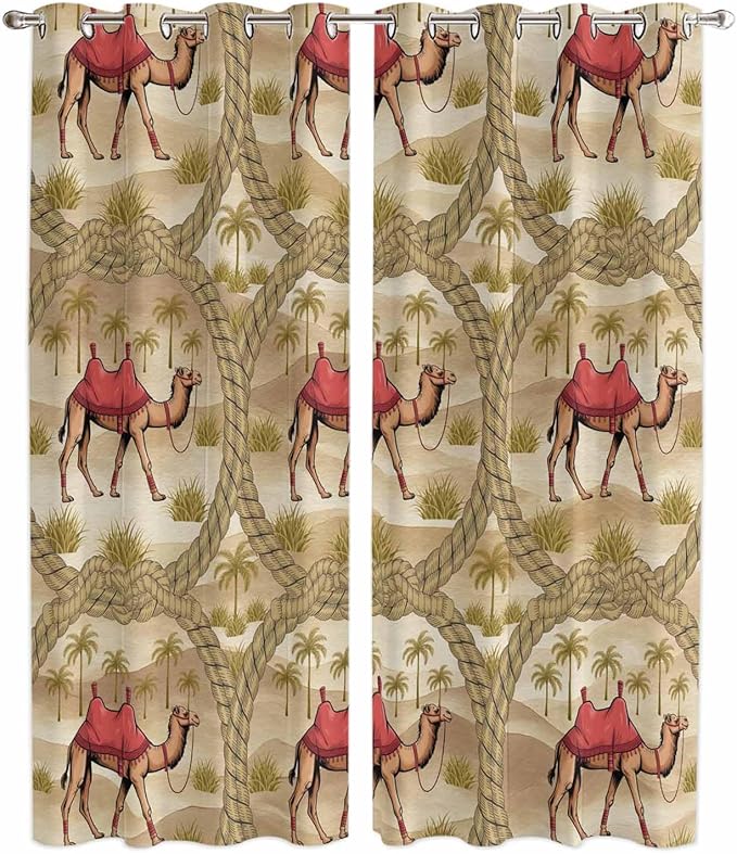 2 Panel Kitchen Cafe Curtains, Desert Camels Sunlight Filtering Nature Air by Hokiten