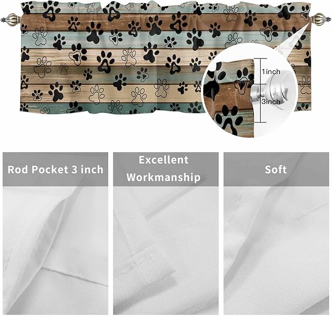 Dog Paws Valance Curtains for Kitchen, Teal Brown Wood Grain Privacy Rod Pocket - Image 9