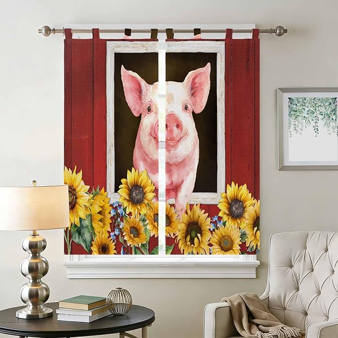 Pigs Sunflowers Bedroom Curtains 72 Inch Length, Window Curtains Tab Top - Image 2