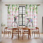Spring Kitchen Curtains, Bicycles Leaves Butterfly Flowers Pink Buffalo Plaid - Image 2