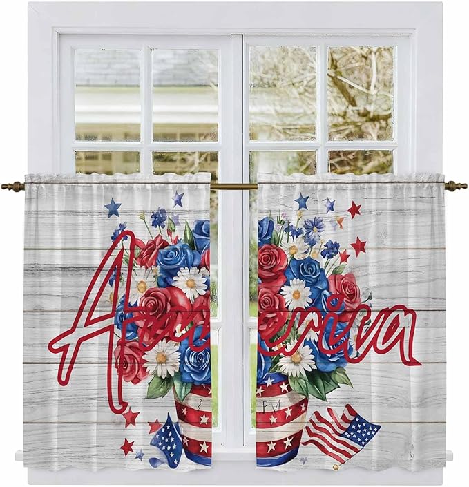 Independence Day Kitchen Curtains 45 Inch Long 2 Panel Set, Rod Pocket Window - Image 2