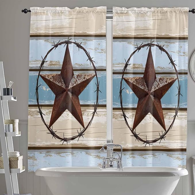 Vintage Western Star on Wood Grain Window Valance Curtains, Retro Wooden by IDOWMAT