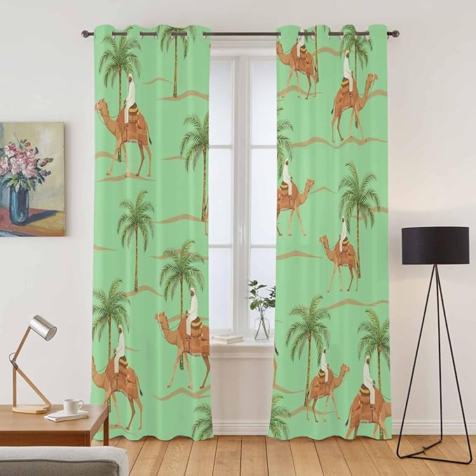 2 Panel Kitchen Cafe Curtains, Desert Camels Sunlight Filtering Nature Air - Image 2