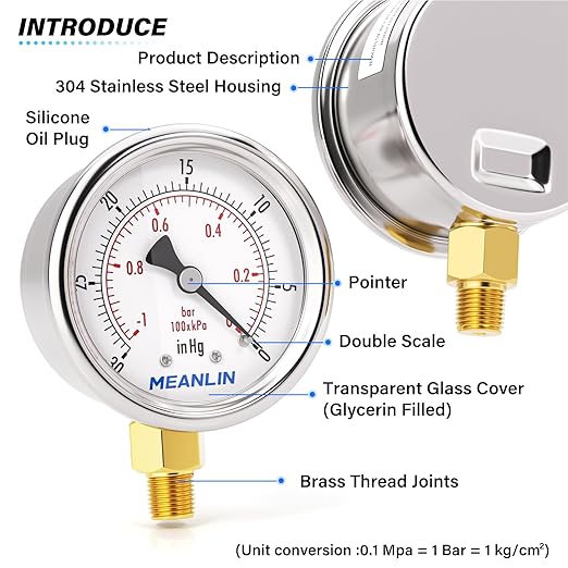 MEANLIN MEASURE -30inHG~0Psi Vacuum Gauge Stainless Steel 1/8" NPT 2" FACE DIAL - Image 4