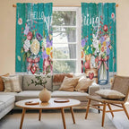 Spring Flowers Kitchen Curtains, Farmhouse Watercolor Teal Wood Grain Light - Image 3