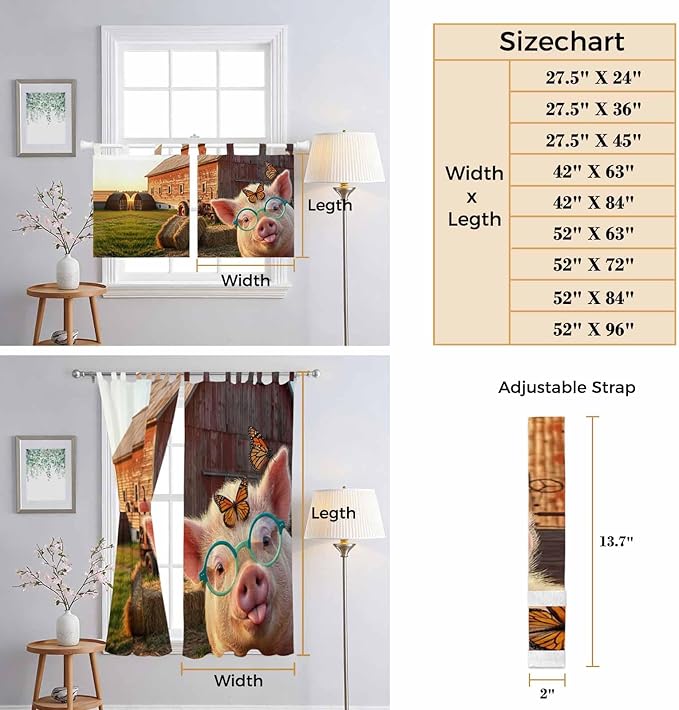 Farm Pig Bedroom Curtains 72 Inch Length, Window Curtains Tab Top, Farmhouse - Image 8