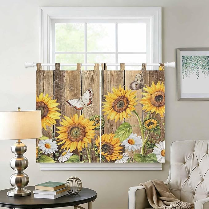 Farmhouse Sunflowers Bedroom Curtains 63 Inch Length, Window Curtains Tab Top - Image 2