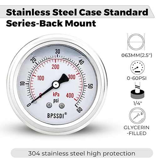 0-60 Psi Glycerin Liquid Filled Low Pressure Gauge, 2.5" Dial Size, 1/4" G Back - Image 2