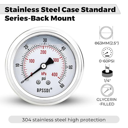 0-60 Psi Glycerin Liquid Filled Low Pressure Gauge, 2.5" Dial Size, 1/4" G Back - Image 2