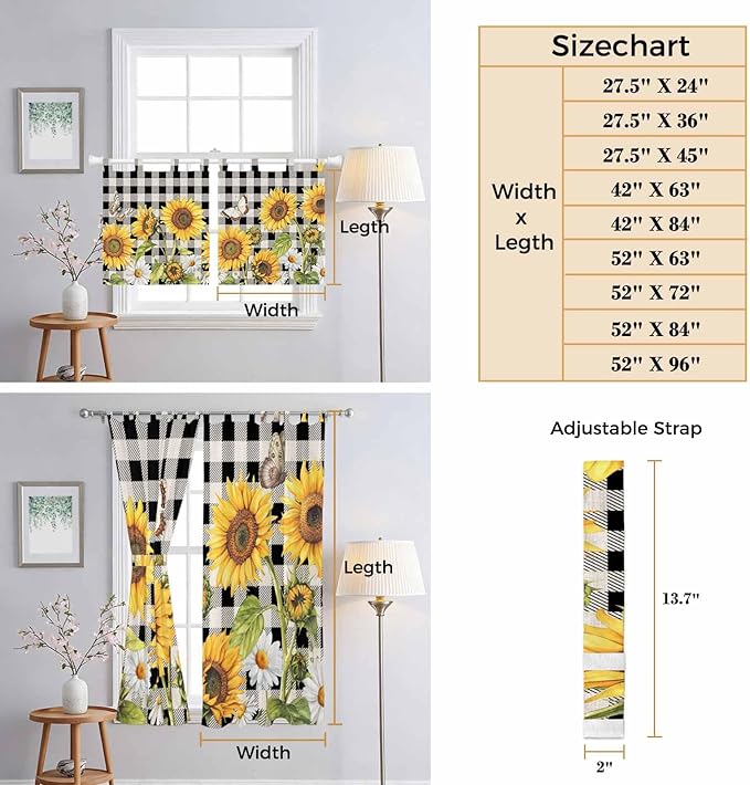 Sunflowers Kitchen Curtains 45 Inch Length, Short Cafe Window Curtains Tab Top - Image 8