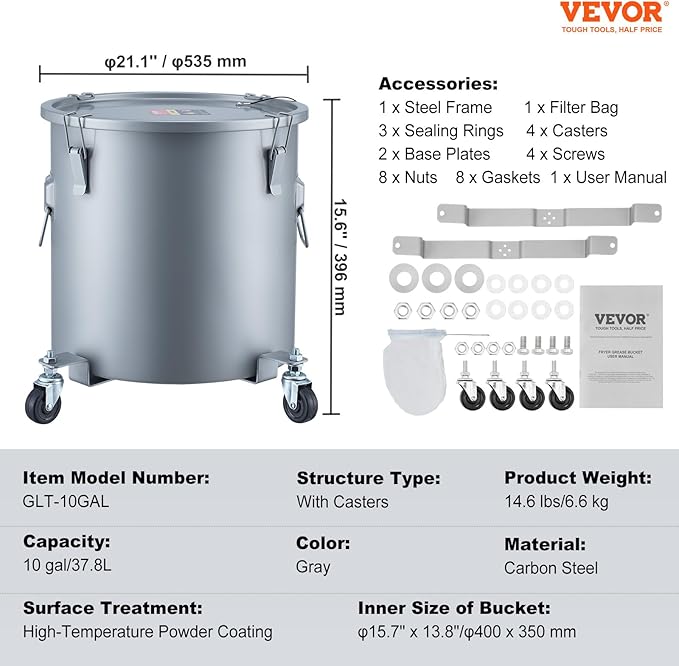 VEVOR 10 Gallon Fryer Grease Bucket, Oil Disposal Bucket Caddy on Wheels - Image 7