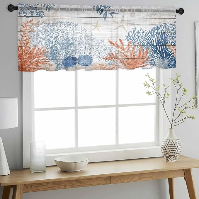 Ocean Corals Sheer Valance Curtains, Summer Beach Coral Sea Stars Wood Grain - Image 3